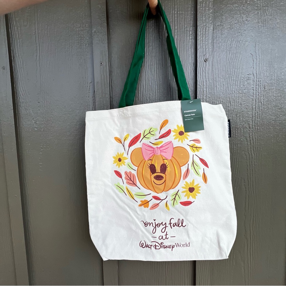 Walt Disney World Parks Fall Minnie Pumpkin Spice Floral Wreath Canvas Tote NEW